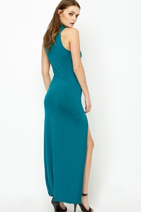 maxi slit dress teal neck side