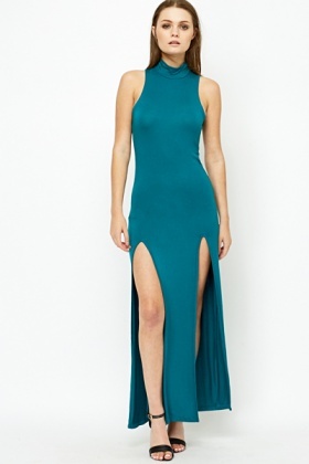 maxi dress slit teal neck side oops sorry others looks last sold