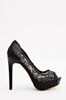 black lace peep toe heels