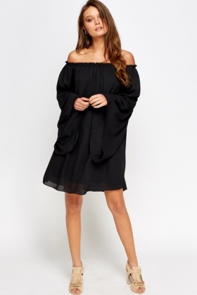 black off the shoulder bell sleeve dress