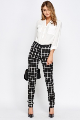 High Waist Grid Check Trousers - Just $7