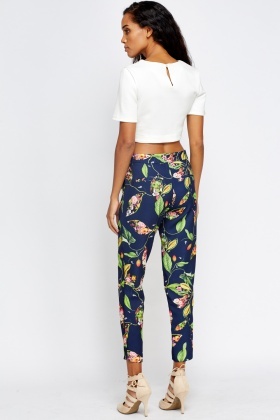 Navy Floral Cigarette Trousers - Just $6