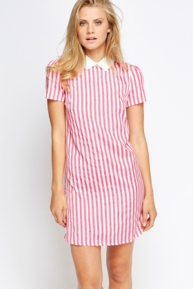 Pink Striped Collar Bodycon Dress - Pink/White - Just £5