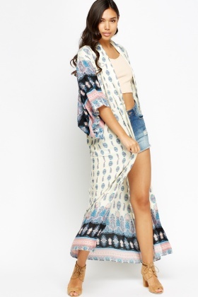 Paisley Print Long Line Beach Cover Up Kimono