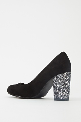 sparkly black block heels