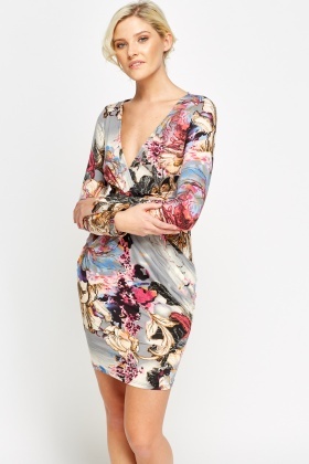 floral ruched bodycon dress