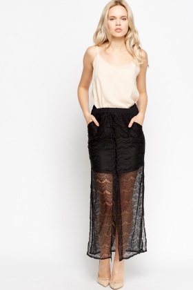 black lace overlay skirt long