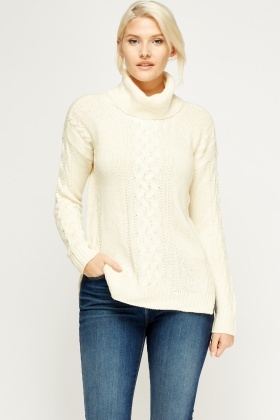 white roll neck cable knit jumper