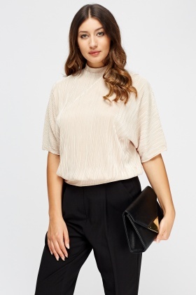 Beige Pleated High Neck Top