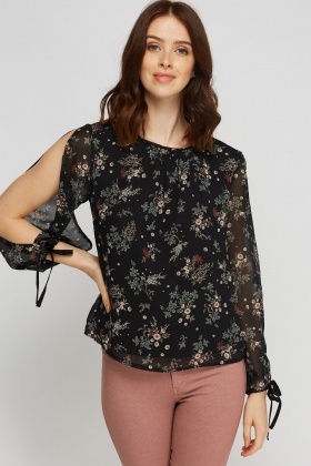 Flower Printed Sheer Overlay Top