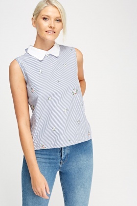 Embroidered Pinstripe Casual Top