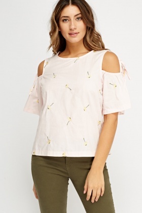 Embroidered Daisy Cold Shoulder Top