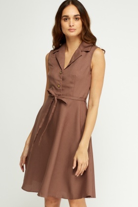 Button Neck Lapel Skater Dress