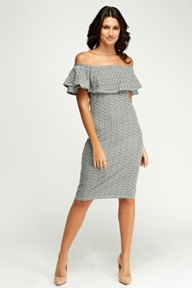 Off Shoulder Mono Print Dress