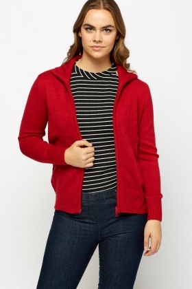 Ribbed High Neck Zip Up Cardigan