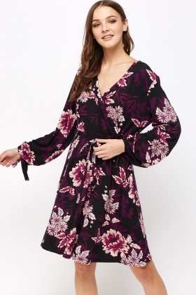 floral long sleeve wrap dress