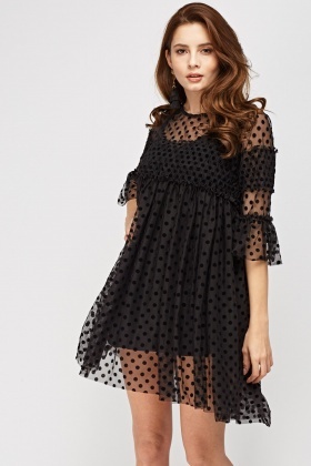 dot mesh ruffle long sleeve dress