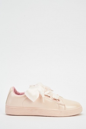 Ribbon Lace Up Faux Leather Trainers 