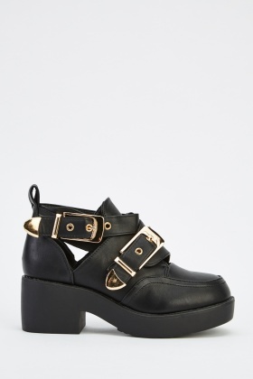 Buckle Cut Out Side Faux Leather Shoes