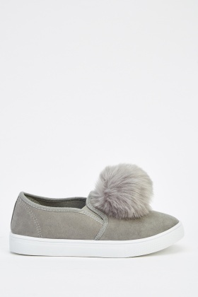 Suedette Faux Fur Pom Pom Plimsolls