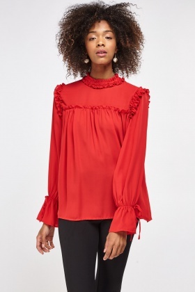 Frilled Trim High Neck Blouse - Just $6