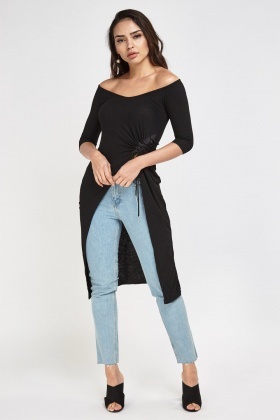 Ruched Asymmetric Front Ribbed Top