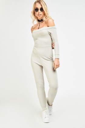 off the shoulder jersey jumpsuit