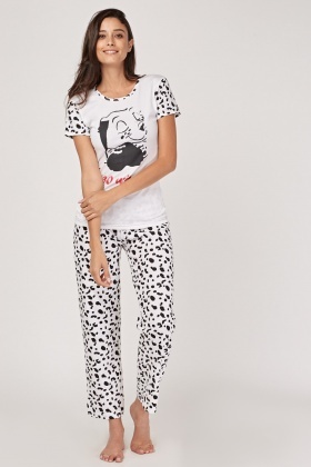 Camille Womens Nightwear Black & White Dalmatian Dog Print All In One Pyjama