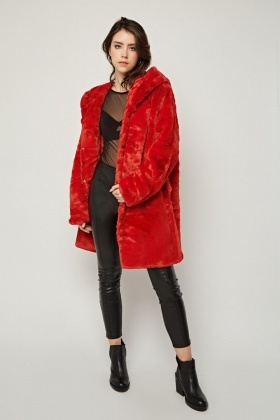 red faux fur hooded coat