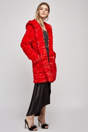 red hooded fur coat