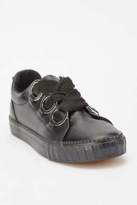 black faux leather trainers