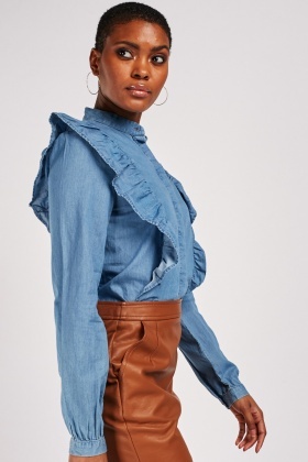 denim shirt with ruffle collar