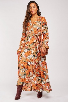 Floral Print Ruffle Wrap Maxi Dress ...