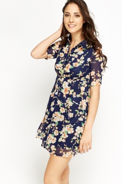 Blue Floral Sheer Overlay Dress - Just $6