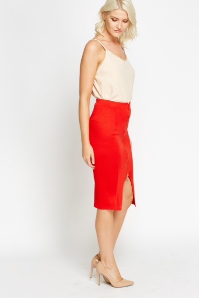 Zip Front Red Midi Skirt - Just $7