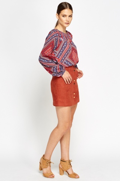 Button Front Brick Suedette Mini Skirt - Just $7
