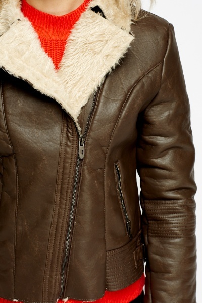 Faux Leather Fur Trim Jacket - Just $7