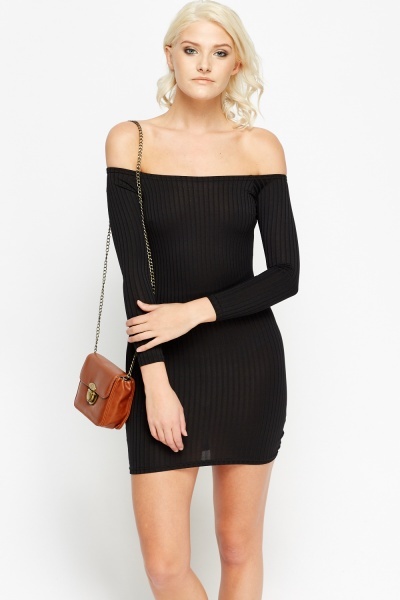 Off Shoulder Ribbed Bodycon Mini Dress - Just $7