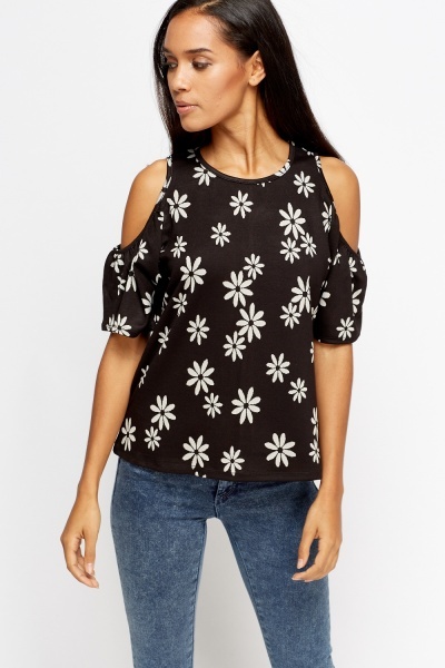 Daisy Print Cold Sleeves Top - Just $6