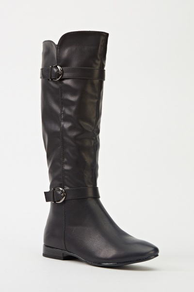 Black Faux Leather Buckle Knee High Boots - Just $7