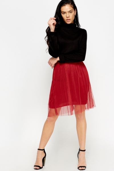 Maroon Mesh Overlay Pleated Skirt - Just $7