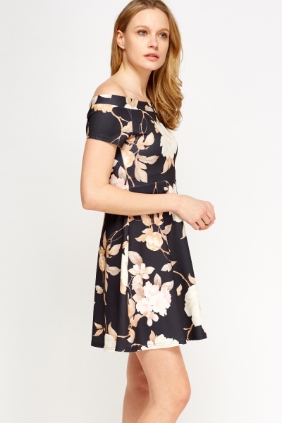 Flower Print Off Shoulder Dress - Just $7