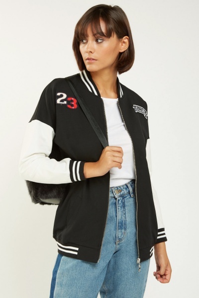 Patched Trim Baseball Collar Jacket - Just $7