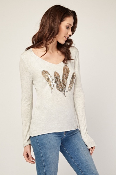 Sequin Feather Trim Knitted Top - Just $7