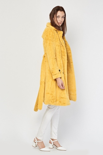 Belted Mustard Faux Fur Coat - Just $7