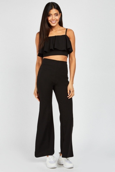 Ruffle Crop Top And Flared Trousers Set - Just $6