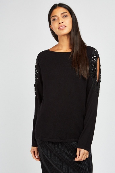 Embellished Cut Out Sleeve Knit Top - Just $7