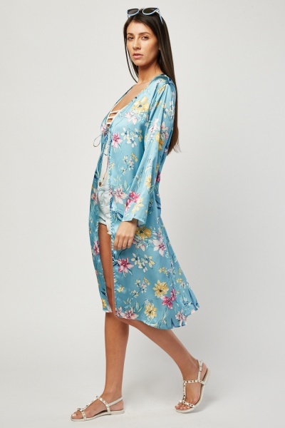 Open Front Floral Sateen Kimono - Just $6