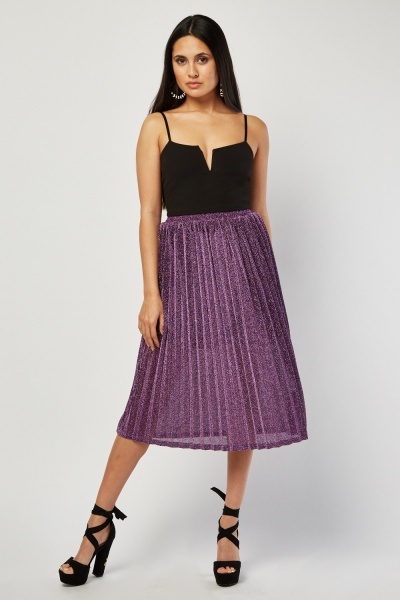 Pleated Midi Lurex Skirt - Purple - Just £5