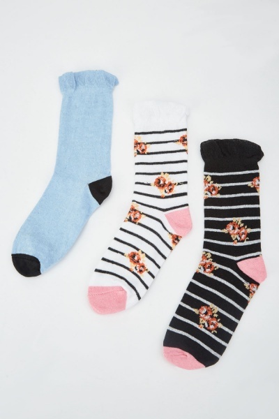 Image of 12 Pairs Of Stripe Floral Socks